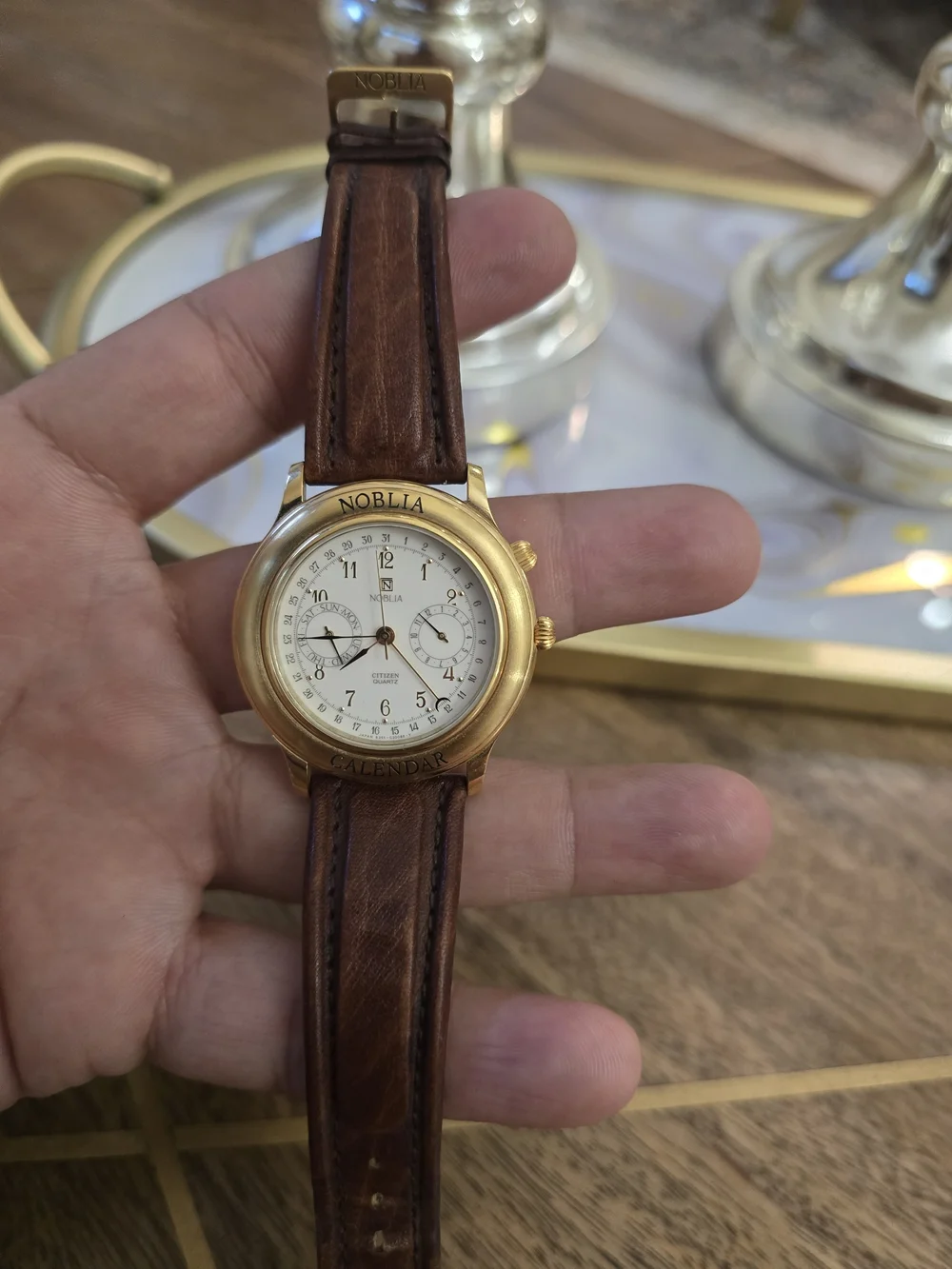 Citizen Gold-Tone Calendar Watch with Brown Leather Strap